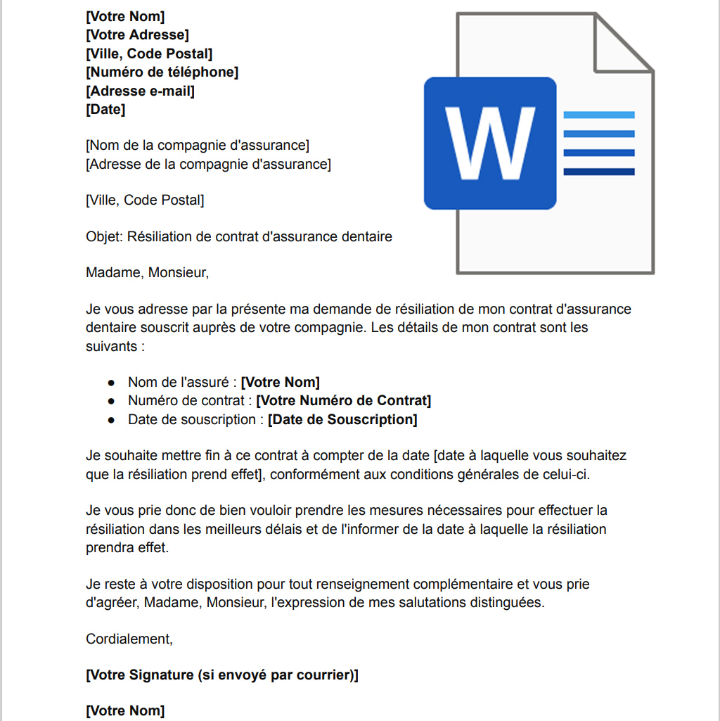 icon Lettre resiliation assurance dentaire word
